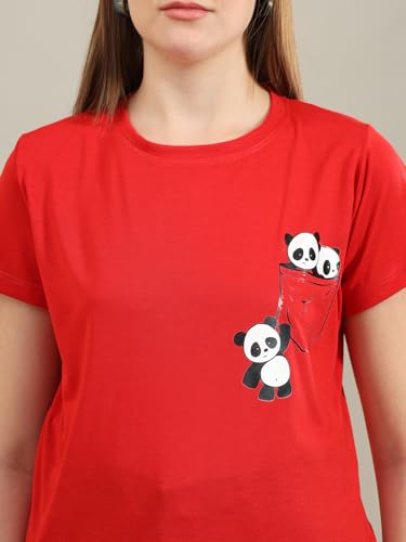 Image of bearbrother Women Regular Fit Printed Red Half Sleeves Round Neck Tshirt