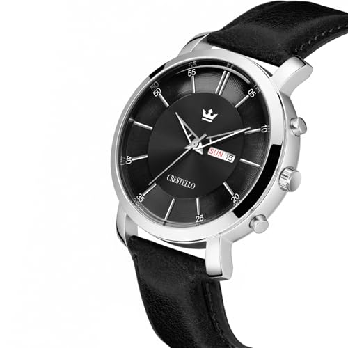 Image of CRESTELLO Brown /Green /Black Leather Strap Analog Wrist Watch with Day-Date Display for Men (Silver /Green /Brown /Black Dial) | CR-WT210