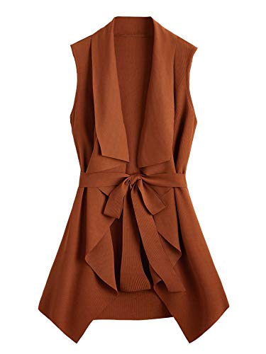 SheIn Women's Plus Size Open Front Sleeveless Lapel Outerwear Vest Cardigan Belted Jacket Brown 4X-Large Plus