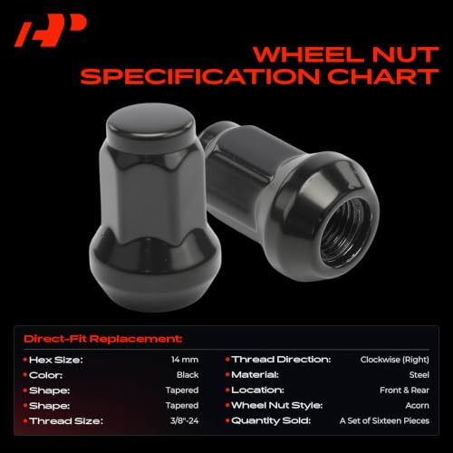 Image of A-Premium Front & Rear 3 /8 inch-24 Wheel Lug Nuts, Set of 16 | Compatible with Tapered Wheel Lug Nut Black Polaris 1985-2023