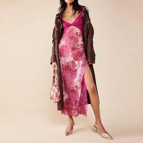 Image of Women Sexy Lace Patchwork Mesh Dress Floral Print Cutout Sweetheart Neck Backless Slit Summer Maxi Dress