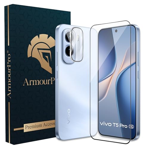 Image of ArmourPro Edge to Edge Tempered Glass for Vivo T5 Pro with Silver Camera Ring Guard, 9H Screen Protector, Anti-Scratch, Anti-Fingerprint, Bubble-Free Installation Kit
