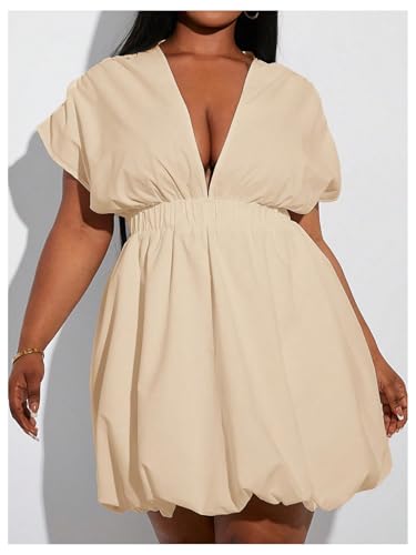 Image of WDIRARA Women's Plus Size Deep V Neck Bubble Dress Short Sleeve A Line Mini Dresses