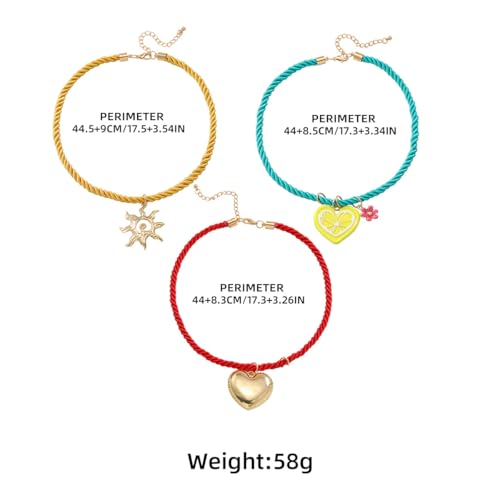 Doubnine Summer Beach Layered Necklace with Colorful Rope Cords, Heart and Sun Charms, Daisy Pendant Necklace Set of 34