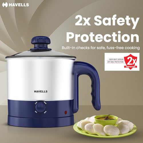 Image of Havells Steamor Multicook Kettle | 1.2 L Capacity | Food Grade Body with Cool Touch Handle | Multiple Steaming Attachments | Double Safety Protection | 3 Temperature Modes(Blue)