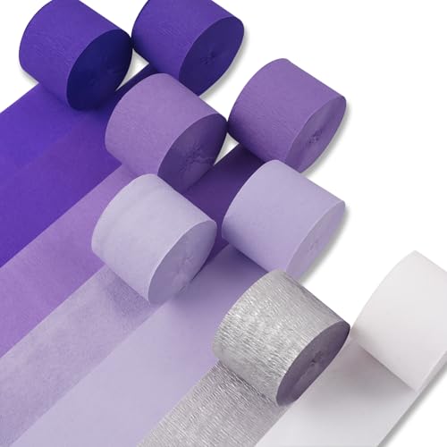 PartyWoo Purple Crepe Paper Streamers 8pcs 656ft Pack of Light Dark Purple Lavender White Silver Crepe Paper Streamers for Birthday Baby Shower Graduation Princess Butterfly Theme Party Decorations