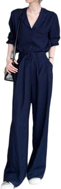 Women Summer Two Piece Set V Neck Shirt Straight Pants Casual Work Outfit