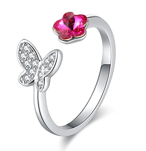 Bague Femme avec Fleur Papillon Cristal Mignons Bijoux Cadeau Anniversaire pour Filles Femme, Bleu Rouge Cover