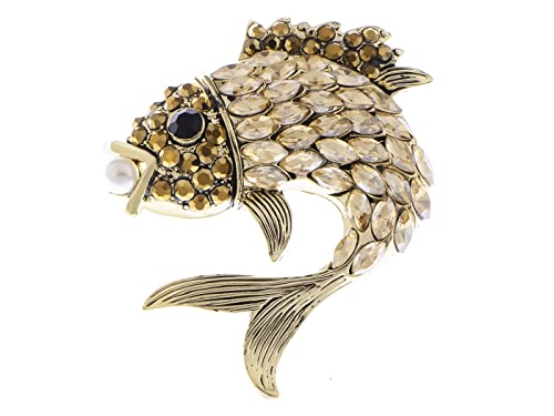 Image of Alilang Women's Gold Toned Gunmetal Champagne Rhinestone Crystals Faux Pearl Fish Lapel Pin Brooch