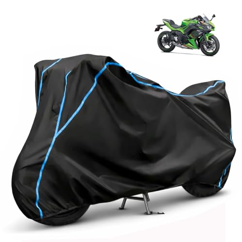 Image of Compatible with Kawasaki Ninja 650 Waterproof Two Wheeler Bike Body Cover Water Resistant, Heavy Duty, UV Rays, Dust & Scratch Protection for All-Modal & Variants (Black,Sky Blue Piping)