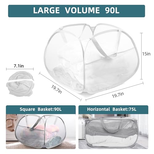Image of 2 Pack Collapsible Laundry Baskets, 90L Large Foldable Laundry Basket, Durable Mesh Pop Up Hampers for Laundry, Dirty Clothes Laundry Hamper for Bedroom, Bathroom, Dorm, Laundry Room, Travel White