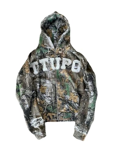 RoseSeek Women's Letter Camo Graphic Zip Up Hoodie Long Sleeve Baggy Sweatshirt with Pockets Streetwear Green Multicolor Large