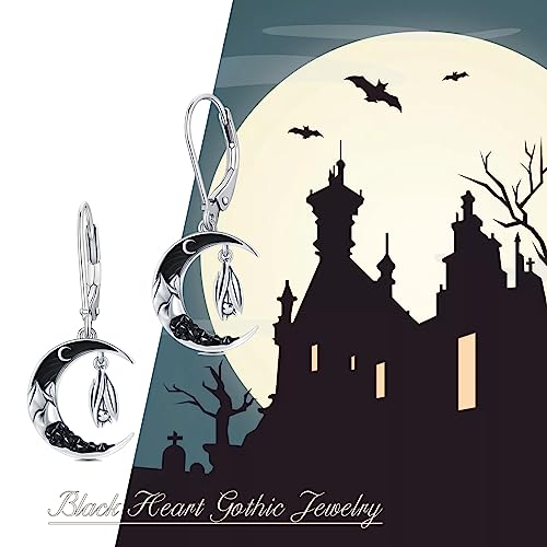 Sterling Silver Halloween Earrings Leverback Dangle Earrings Bat/Cat/Pumpkin/Ghost/Spider/Skull/Sun Moon/Wolf Earrings Gothic Jewelry Gift for Women Girl Mom Daughter 5