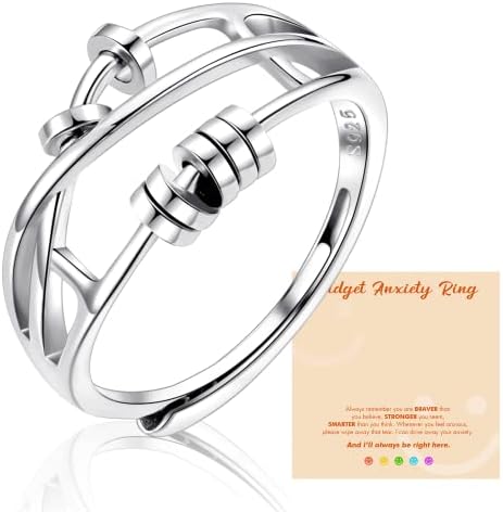 Anxiety Ring to My Daughter,Sterling Silver Fidget Ring for Anxiety Women with Worry Beads Adjustable Open Stress Spinner Fidget Ring for Girl