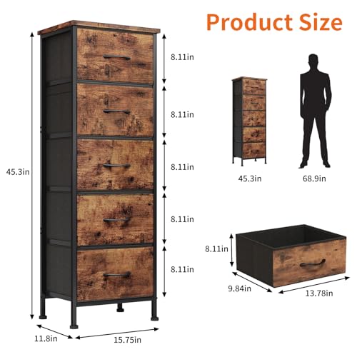 Fixwal Tall Dresser for Bedroom, Closet Organizers and Storage Tall Fabric Dresser for Closet, Drawer Organizer with 5 Drawers, Bedroom Furniture, Rustic Brown - Image 4