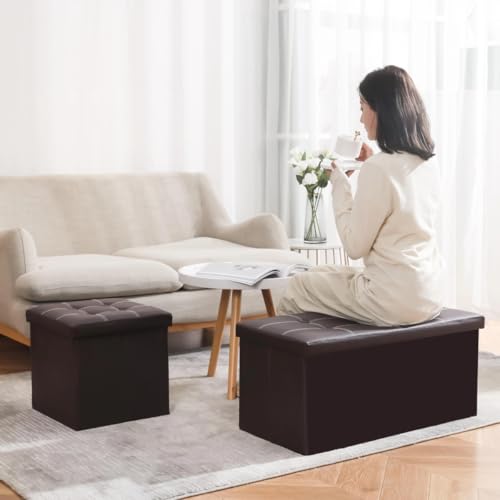 Puff Baú Estofado Dobrável, Preto, MDF com Revestimento Sintético Tipo Couro, 76x38x35 cm, com Compartimento Interno para Armazenamento