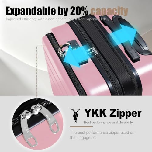 Image of KEYTANG SmileLine 3-Piece Luggage Set Lightweight Hardside Suitcase TSA Lock Spinner Wheels, 20 inch Expandable Carry-On Luggage with Quick Access Front Open Pocket, Bonus Makeup Bag,Pink