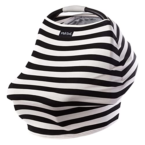 Image of Milk Snob Original 5-in-1 Cover - Added Privacy for Breastfeeding, Baby Car Seat, Carrier, Stroller, High Chair, Shopping Cart, Lounger Canopy - Newborn Essentials, Nursing Top, Black and White Stripe