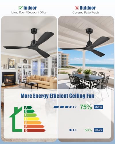Image of Ceiling Fans With Remote Control, Outdoor Ceiling Fan for Patios Indoor, 3 Downrods, 3 Blades, Timer, 6 Speed Reversible Quiet DC Motor Modern Fan Solid Wood Fan,52in, Matte Black