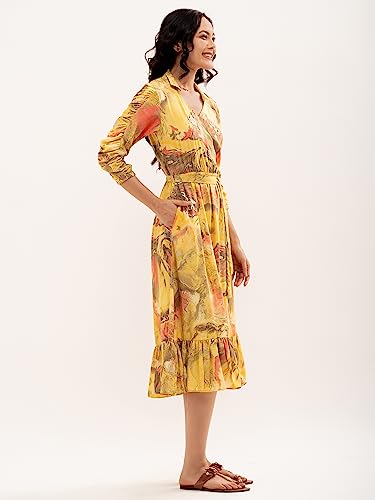 Image of AASK Abstract Printed Puff Sleeve Gathered Detailed Fit Flare Dress