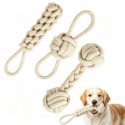 LAIYORA Juguete Indestructible para Perros 3 Piezas Cuerda Algodón Cáñamo Masticar Razas Pequeñas Medianas Aburrimiento