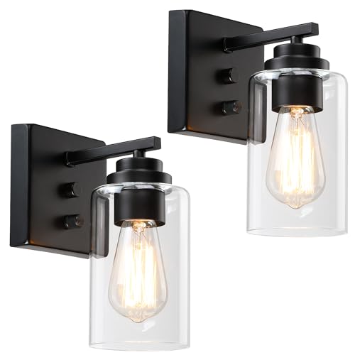 Image of Pia Ricco Wall Sconces Set of Two, Bedside Wall Lamps with Rotary Switch for Bedroom, Modern Bathroom Light Fixtures with Clear Glass Shade, Black Sconces Wall Lights for Living Room, Hallway, Kitchen