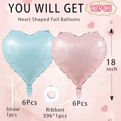 Image of Blue Pink Heart Balloons,18inch Light Blue Heart Shaped Foil Balloons & Baby Pink Helium Mylar Balloon for Anniversary Wedding Engagement Birthday Party Baby Shower Decorations