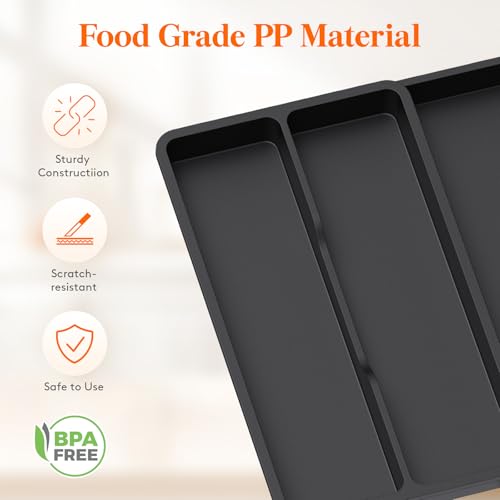 Lifewit Utensil Organizer for Kitchen Drawer, Expandable Cooking Silverware Tray, Adjustable Cutlery Flatware Holder, Plastic Spatula Tools Storage Divider, 14.4 x 15.8, Black