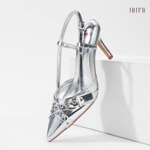 Image of IDIFU IN3 Slingback Kitten Heels for Women Stiletto Heel Closed Pointed Toe Pumps Buckle Straps Dress Shoes Sexy Prom Party Work Trendy Fashion Comfortable Pumps Dressy Shoes