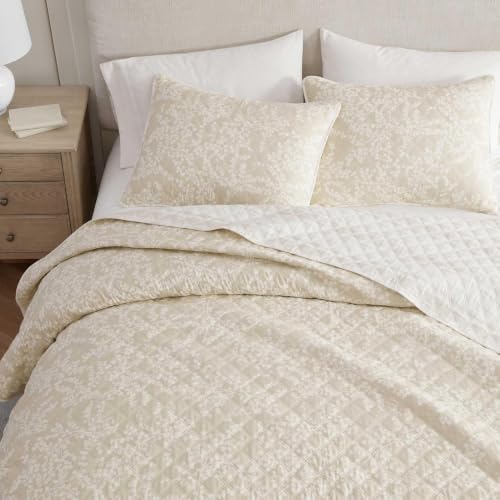 Image of Martha Stewart - Twin Quilt Set, 100% Cotton Reversible Bedding Set, Incredibly Soft Feel for Year Round Comfort, 2 Piece Bed Set with Matching Pillowcase (Layered Branches Beige)