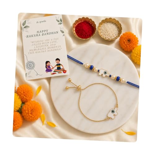 Image of I Jewels Hamsa Enamel Evil Eye Lumba Rakhi Set for Brother and Bhabhi with Roli Chawal and Rakshabandhan Card | Couple Rakhi