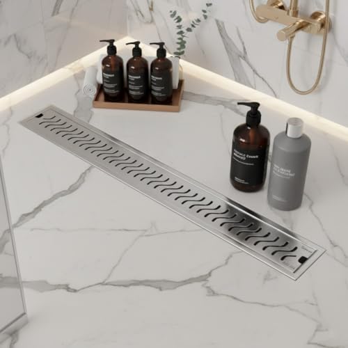 Image of Wave, 18x4 Inch Shower Drain Channel with Side Hole | 304 Stainless Steel Floor Drain Jali with Collar | Durable Linear Water Drain for Bathroom, Balcony & Wet Areas