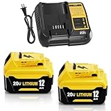 2Packs 12000mAh DCB206 Replacement for Dewalt 20V Max Battery 12.0Ah and DCB107 Charger Combo Compatible with Dewalt 20V Battery Lithium DCB207 DCB206 DCB204 DCB200 DCB201 DCB203 Series Tool (Yellow)
