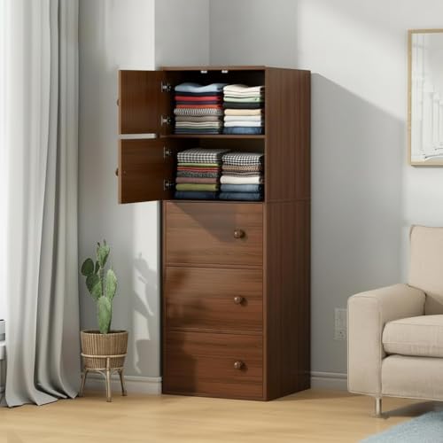 Image of LERIMO Wooden Wardrobe Almirah for Bedroom & Kids - 5 Door Clothes Storage Cupboard | Wooden Wardrobe Cabinet for Clothes, Toys & Accessories | Modern Storage Almirah (Walnut, 5-Door)