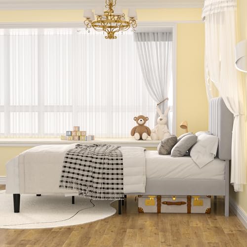 Image of VECELO Twin Size Bed Frame with Upholstered Headboard, Velvet Platform Bedframe Mattress Foundation, Strong Wood Slat Support, No Box Spring Needed,Light Grey