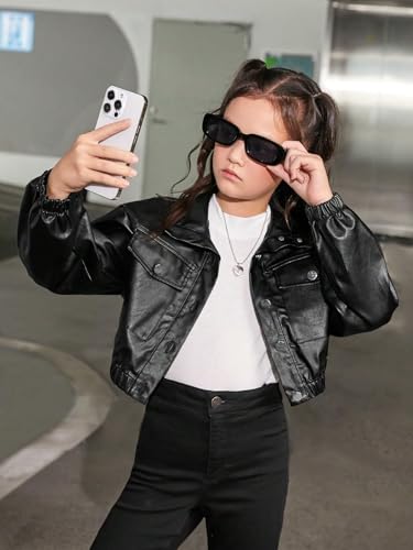 Floerns Girl's Long Sleeve PU Leather Flap Pocket Button Front Jacket Coat2