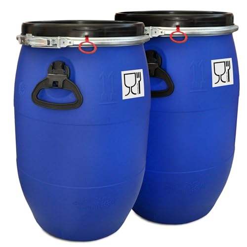 plasteo® 2 Stück: 60 L Weithalsfass mit Spannverschluss | 100% Lebensmittelecht | Universalfass | Futtertonne | Regen Maische Tierfutter Trinkwasser Camping Lagerfass | Stapelbar | Blau