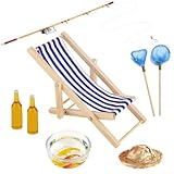 Desiumite 8 Stück Miniatur Angelrute Set für DIY Dekor - Holz Fischerstuhl Blau Fischernetz Strohhut Fischschale Bierflaschen für Garten, Kuchen oder Puppenhaus