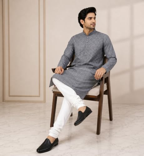 Image of LATEST CHIKAN Men's Silk Chikankari Kurta with Cream Churidar | Festive Set - KP Silk BANARSI