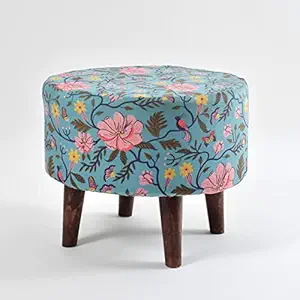 Homeaccex Printed Ottoman Pouffes Stool for Living Room Sitting Furniture Wooden Velvet Puffy Stool Footrest Footstool Pouf for Home Decor, Dressing Table Stool (17Inch Height, Blue)