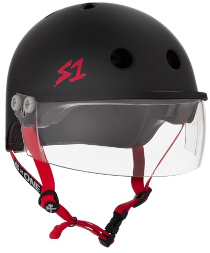 S1 Lifer Visor Helmet Gen 2 for Skateboarding, BMX, and Roller Skating - EPS Fusion Foam, CPSC & ASTM Certified - Black Matte w/Red Straps and Clear Visor Large (22