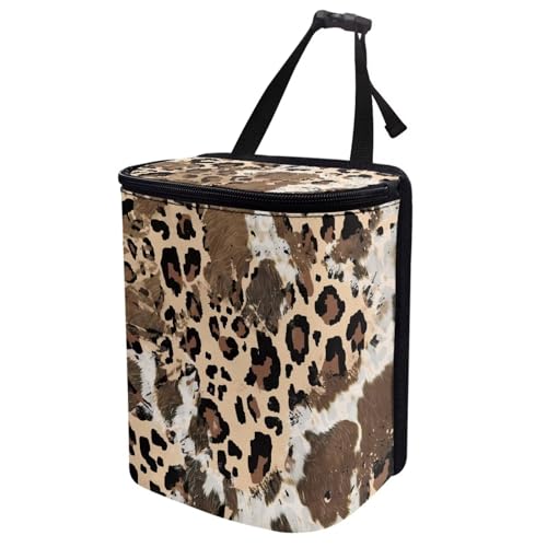 Image of Talayituse Brown Leopard Cow Print Car Trash Can with Lid, Leak Proof Auto Trash Bag Hanging Vehicle Garbage Can Multipurpose Storage Container for Back Seat Road Trip