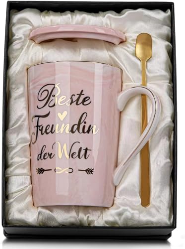 Gogotool Tasse à café en Porcelaine 400 ML avec Inscription en Allemand « Beste Freundin Geschenke für Frauen » avec Couvercle, cuillère, boîte Cadeau Rose