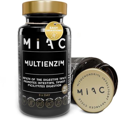 MIAC MultiEnzym. Enzimas Digestivas. 60 Cápsulas. Mezcla de Enzimas. Lactasa, Amilasa, Proteasa, Lipasa, Celulasa. Proceso Digestivo y Reduce Hinchazón estomacal. Vegano y Sin Gluten