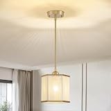 CYKJ Hand-Woven Natural Jute Rope Pendant Lights Kitchen Island,7.52”Modern Hexagonal Brass Gold Farmhouse Chandelier, Adjustable Height Boho Hanging Light Fixture for Dining Room Entryway Hallway