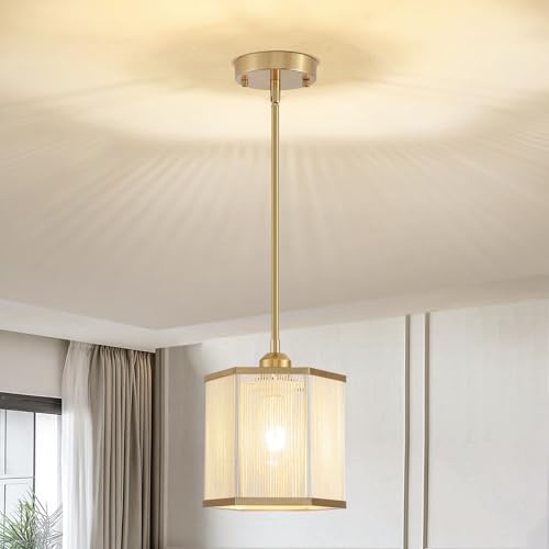 CYKJ Hand-Woven Natural Jute Rope Pendant Lights Kitchen Island,Modern Hexagonal Brass Gold Farmhouse Chandelier, Adjustable Height Boho Hanging Light Fixture for Dining Room Entryway Hallway Bedroom