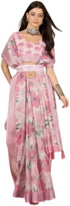 Women's Pink Floral Print Saree with Blouse Ethnic Wear, Festive Party Wear