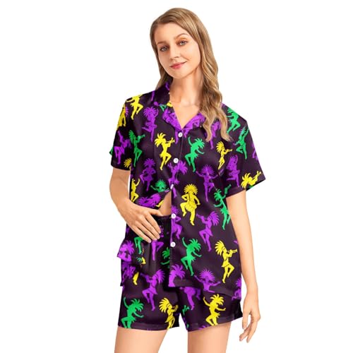 Image of Funny Pajamas for Women Set Print Satin Loungewear Pjs Short Sleeve Button Down Top and Shorts Sets Sleepwear XS-3XL