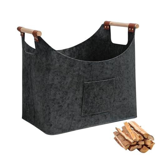 Bolsa de fieltro grande, 70 L, cesta de madera para leña, cesta de transporte con asa, cesta de almacenamiento para leña, cesta de fieltro plegable para leña, ropa, juguetes, verduras, frutas (45 x 32
