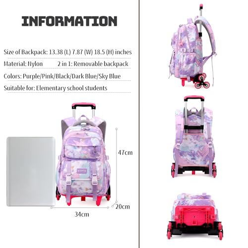 Kids Rolling Backpack for Girls School Backpack with Wheels for Girls Wheeled Bookbags Roller Trolley Bags for Primary Students, 6-Wheel Purple - Image 4